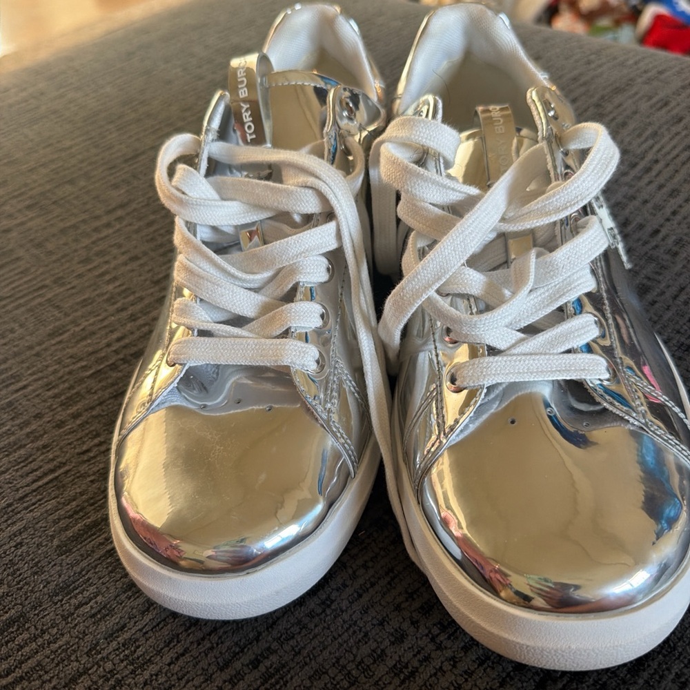 Tory Burch Metallic Silver Logo Sneakers - Picture 2 of 5